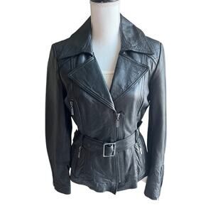 Marc New York black leather moto belted asymmetric jacket size M